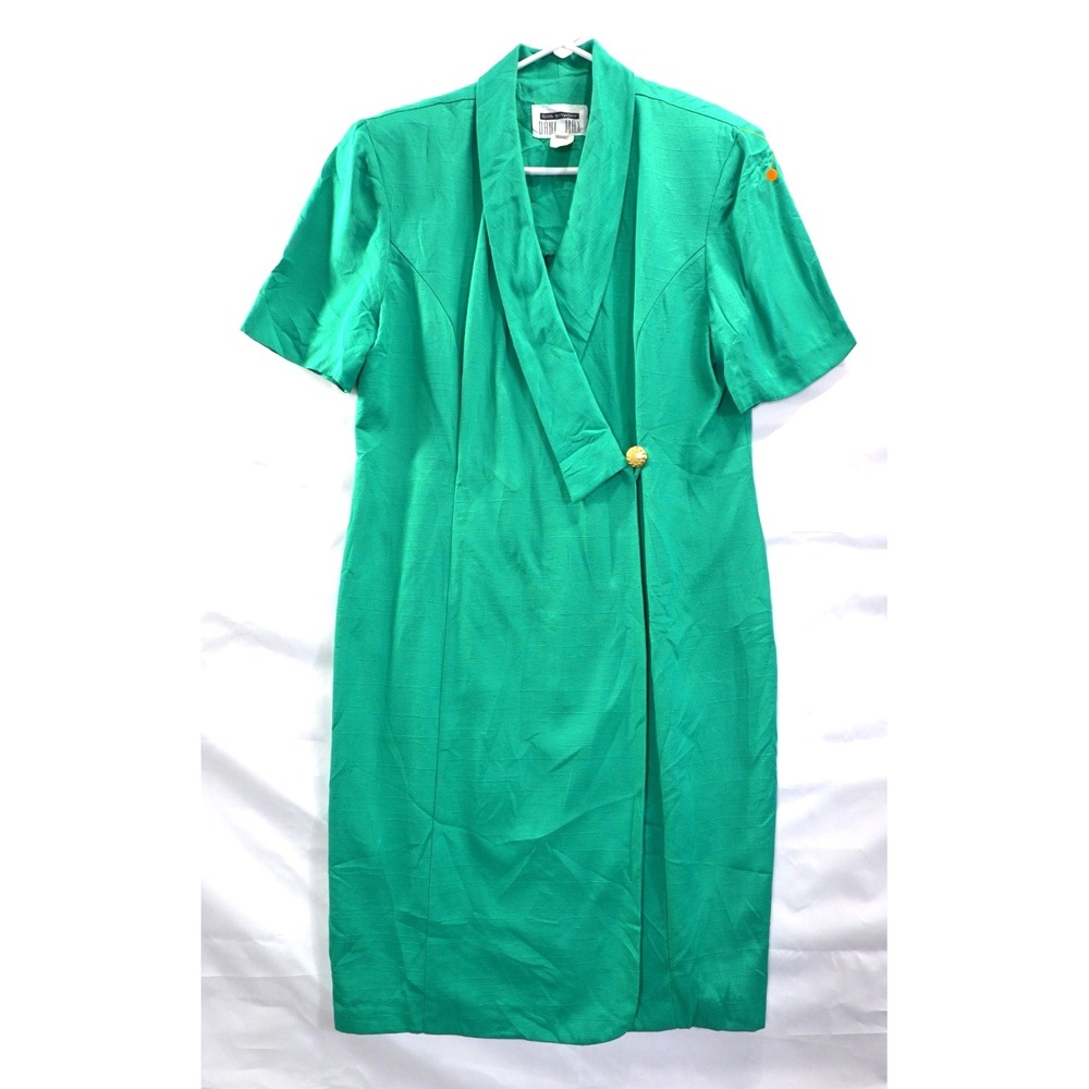 Vintage Dani Max by Lois Snyder Dress Green Wrap Gold Button USA 80s Womens 12